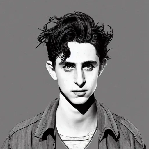 Image similar to character design, timothee chalamet believing in nothing and launching into the stratosphere with jennifer lawrence or whatever, in the style of killian eng kawase hasui james jean, artstation trending, 8 k, photorealistic, volumetric lighting caustics, black and white, detailed af