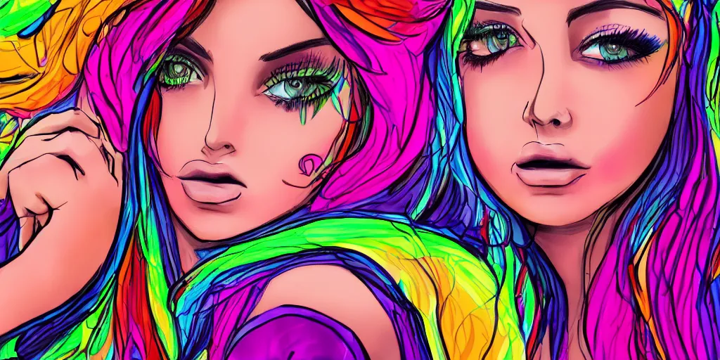 Image similar to a drawing of a girl in a colourful club really detailed in Kyliedeamore style, no nose big lips and big eyelashes digital drawing, HD, highly detailed drawing, beautiful, cinematic, 8k,facial accuracy, symmetrical