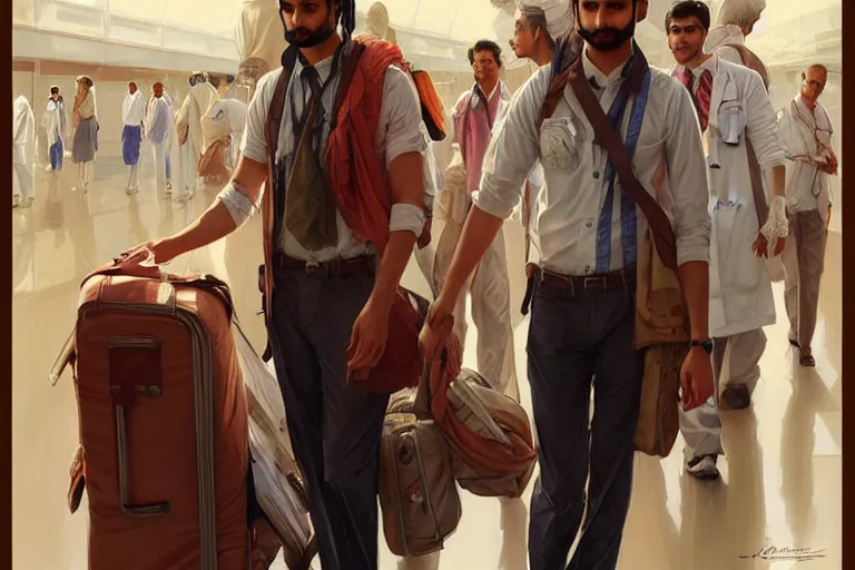 Image similar to Anxious good looking pale young Indian doctors wearing American clothes at the airport, portrait, elegant, intricate, digital painting, artstation, concept art, smooth, sharp focus, illustration, art by artgerm and greg rutkowski and alphonse mucha