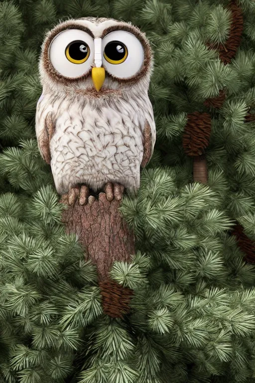 Image similar to funny disheveled owl sits on a pine tree. pixar disney 4 k 3 d render funny animation movie oscar winning trending on artststion and behance. oscar award winning.