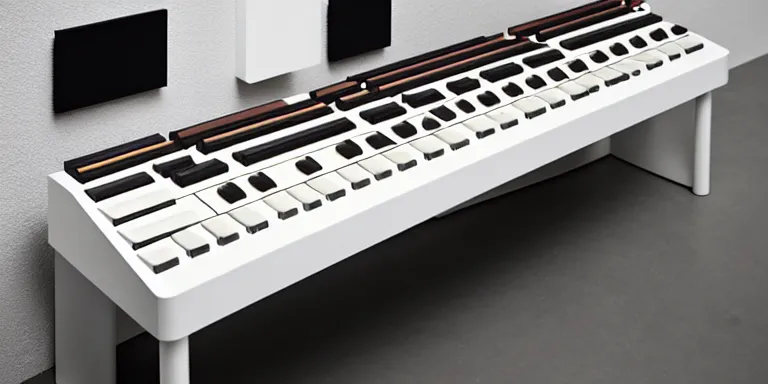 Prompt: dezeen showroom, minimalissimo, archdaily,, teenage engineering moad, mother of all decks, product design concept, product shot of moog melotron piano designed by patricia urquiola, dieter rams, 8 k, highly detailed photo