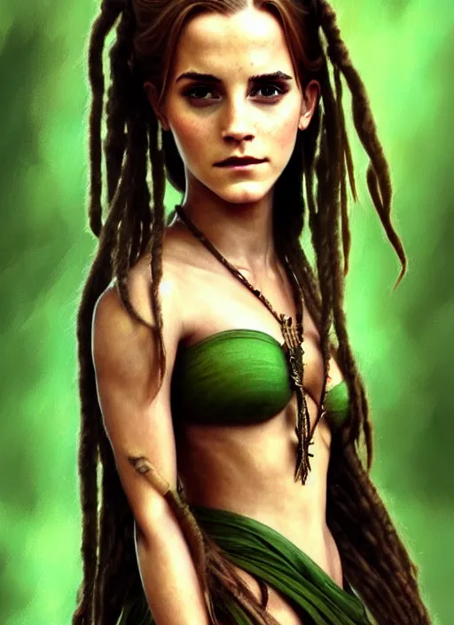 Image similar to redskin emma watson as druidess, long dreadlocks, brown and green cloth, shiny background, intricate, elegant, highly detailed, digital painting, artstation, concept art, smooth, sharp focus, illustration, artgerm, bouguereau