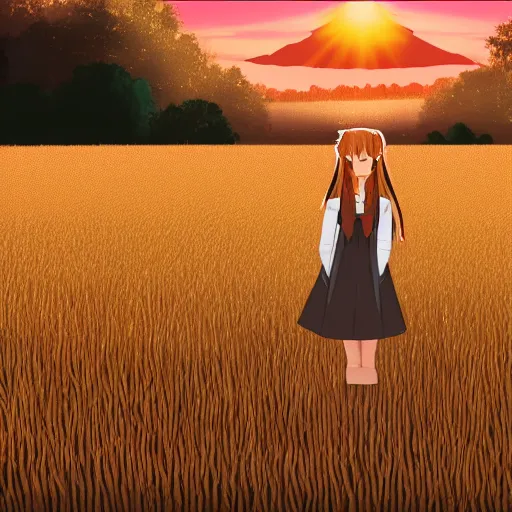 Image similar to digital illustration of Holo from Spice and Wolf standing in a wheat field at sunset, key visual