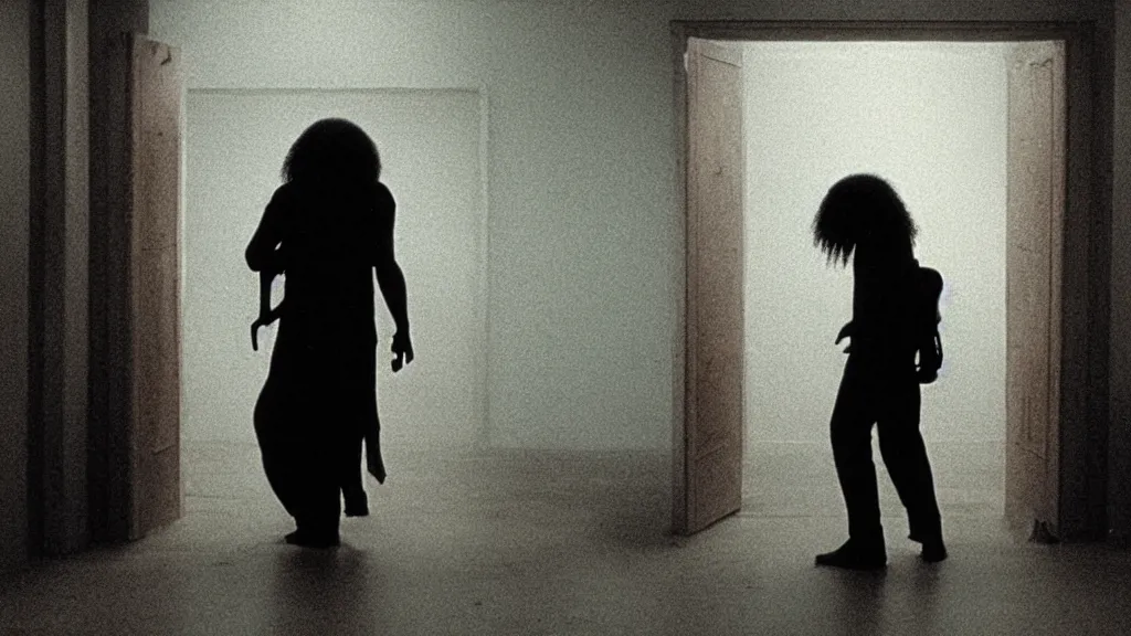 Image similar to photo from distance of a black man with long curly hair, carrying a electric guitar, walking out of from the past door, film still from the movie directed by Denis Villeneuve with art direction by Zdzisław Beksiński, wide lens