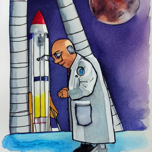 Prompt: a doctor performing surgery on a rocket, watercolor art traced by pencil