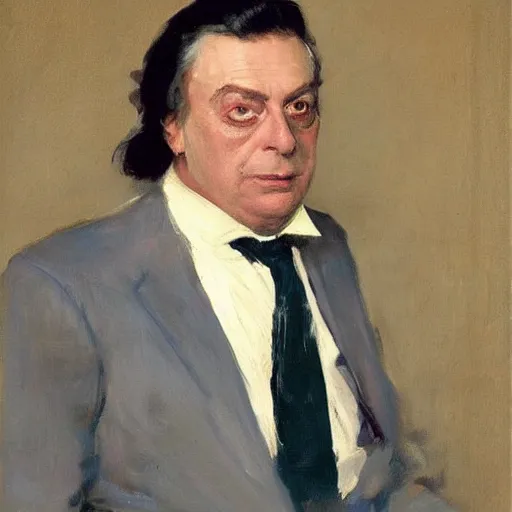 Image similar to “portrait of Barry humphries’ character sir les Patterson, in stained powder blue site and wide silk tie, by John singer Sargent”