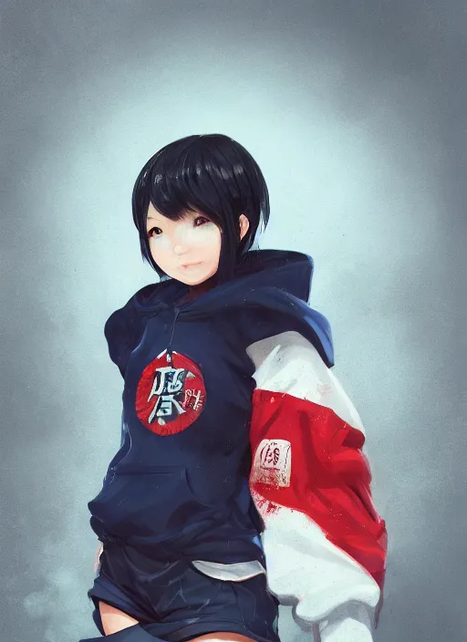 Image similar to a highly detailed illustration of black short hair cute japanese girl wearing blood stained navy hoodie with the word nevada on it, dramatic smile pose, intricate, elegant, highly detailed, centered, digital painting, artstation, concept art, smooth, sharp focus, league of legends concept art, WLOP