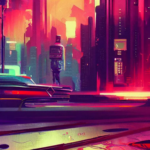 Image similar to a graph style gauche impasto, sad, steampunk, cyberpunk art by james gilleard, city depth of field, cgsociety, retrofuturism, synthwave, retrowave, outrun, paint, high detail.