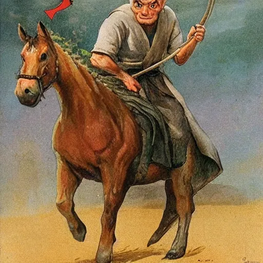 Prompt: Gollum the Cossack rides a horse on the Zaporozhian Sich