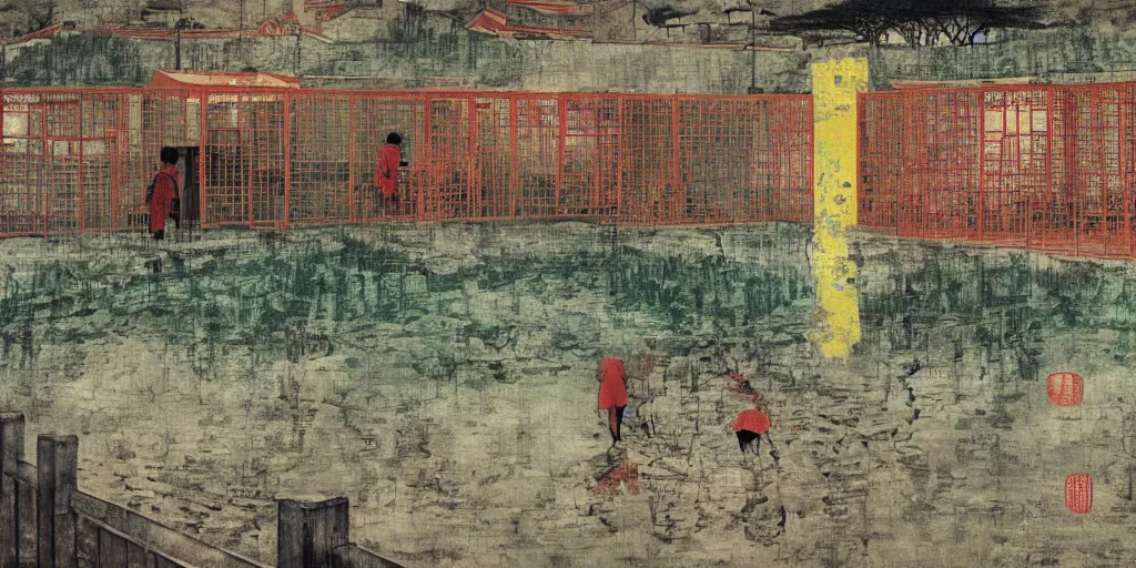 Image similar to a chinese prison near a river by peter doig, overlaid with chinese adverts