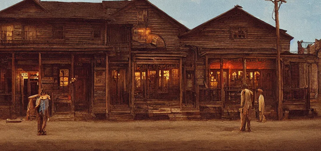 Image similar to from a movie scene, painting of a western saloon exterior in old town, beksinski, gregory crewdson, cinematic wide shot