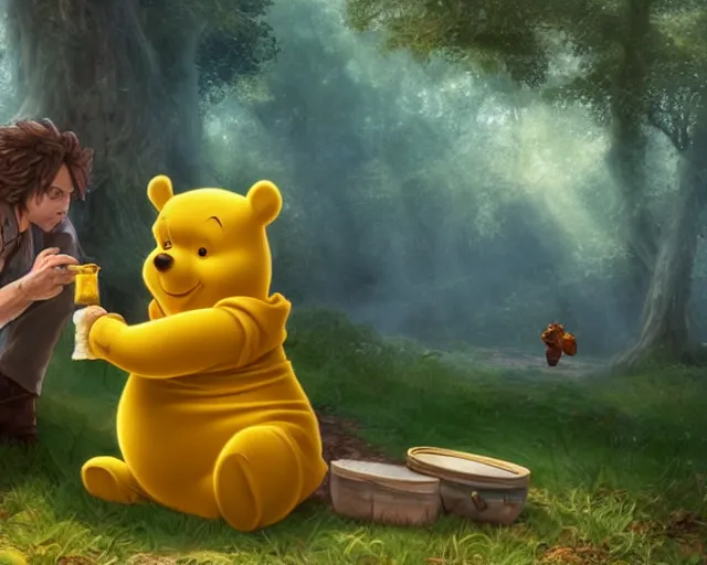 Prompt: frank dillane eating honey from a honeypot with winnie the pooh in the woods, beautiful, grand, wistful, digital painting, extremely detailed, sharp focus, bright colors, octopath traveler, unreal engine 5 highly rendered, global illumination, radiant light, highly detailed face