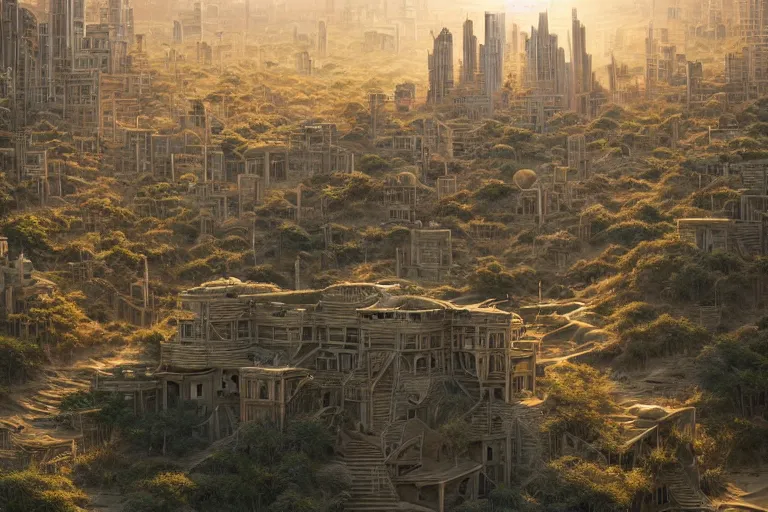 Prompt: detailed intricate digital illustration by greg rutkowski and artgerm and wlop and sanford robinson gifford ; glistening sand dunes covering an abandoned city, skyscrapers piercing through the layers of sand, overgrown greenery spewing from the buildings ; 1 3 mm film, arri alfa anamorphic lens, golden hour lighting ; sharp focus ; trending on artstation 8 k