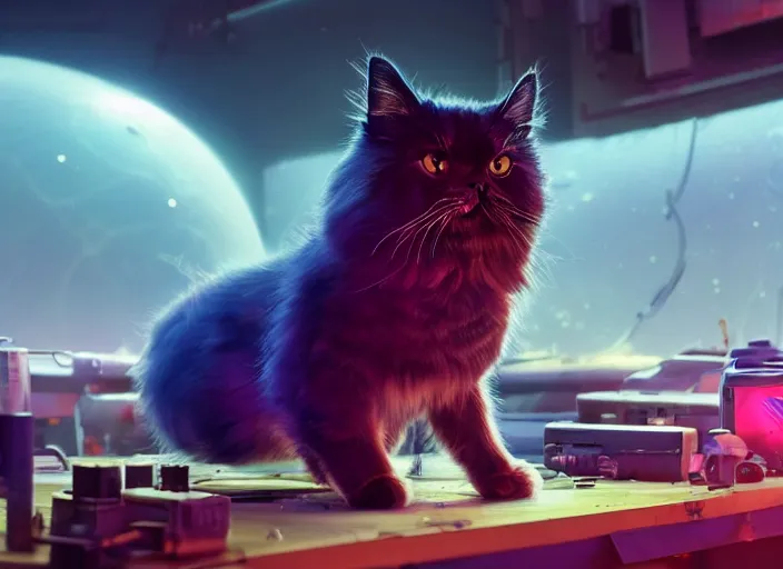 Image similar to low angle shot of a stretching persian cat wearing cyberpunk outfit on a mechanics workbench in a spaceport in a space opera studio ghibli animated film, volumetric lighting, octane render by anime, stanley artgerm lau, greg rutkowski, thomas kindkade, alphonse mucha, loish, norman rockwel, highly detailed