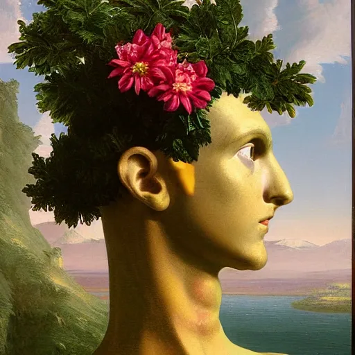 Prompt: a highly detailed painting by Thomas Cole of a vaporwave alternative reality mirror, robot head with flowers growing out, highly detailed 3d rendering from 1996