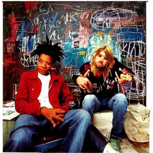 Image similar to portrait photo of jean - michel basquiat and kurt cobain in basquiat ’ s studio, photorealistic,