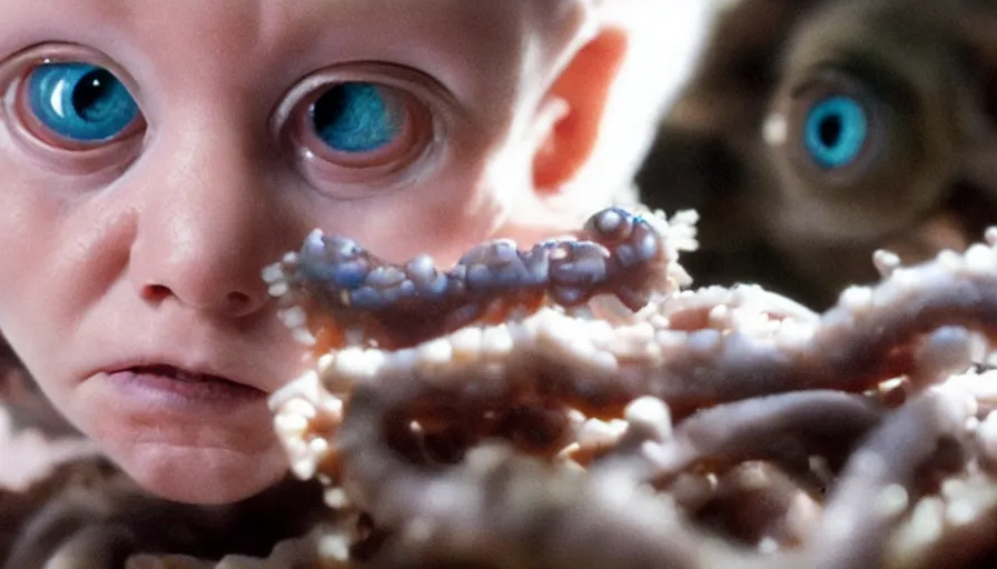 Image similar to Big budget horror movie, scientists examine a baby squid