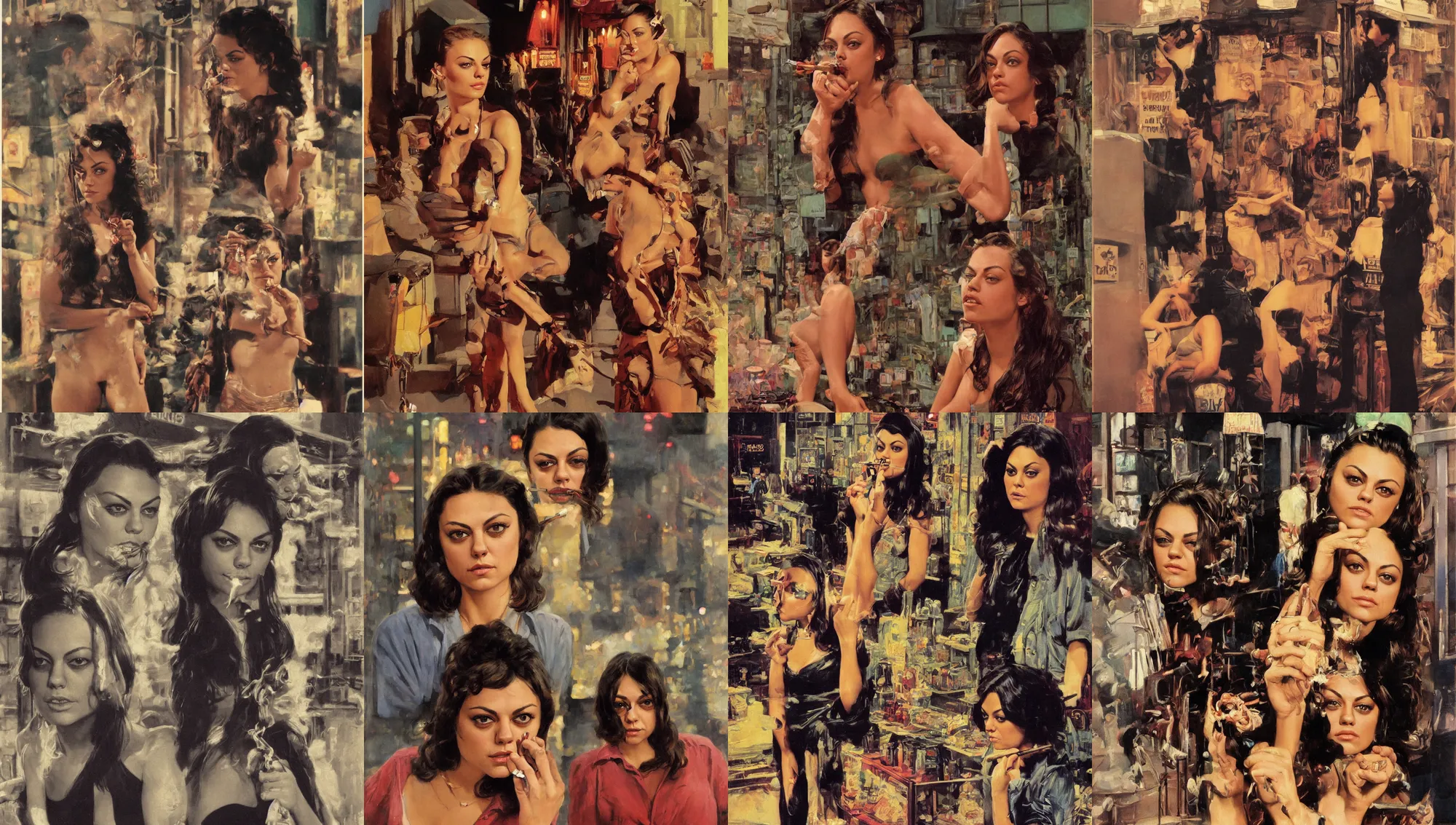 Image similar to standing portrait of ecstatic mila kunis looking into the camera standing smoking a cigarette, warm street lights store front, 1 9 6 0 s technicolor, intricate, moody, personal, highly detailed, short focus depth, donato giancola, joseph christian leyendecker, frank frazetta, alex horley, ralph horsley, michael whelan, 2 0 0 mm focal length