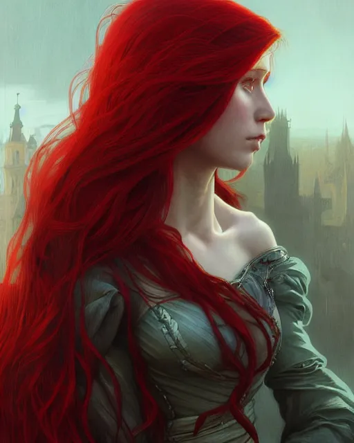 Image similar to long fancy red hair mage, portrait, gentle, scowl, cloth, female, city background, d & d, fantasy, intricate, elegant, digital painting, red green color palette, artstation, octane render, concept art, matte, sharp focus, illustration, herrarthstone, art by artgerm and greg rutkowski and alphonse mucha