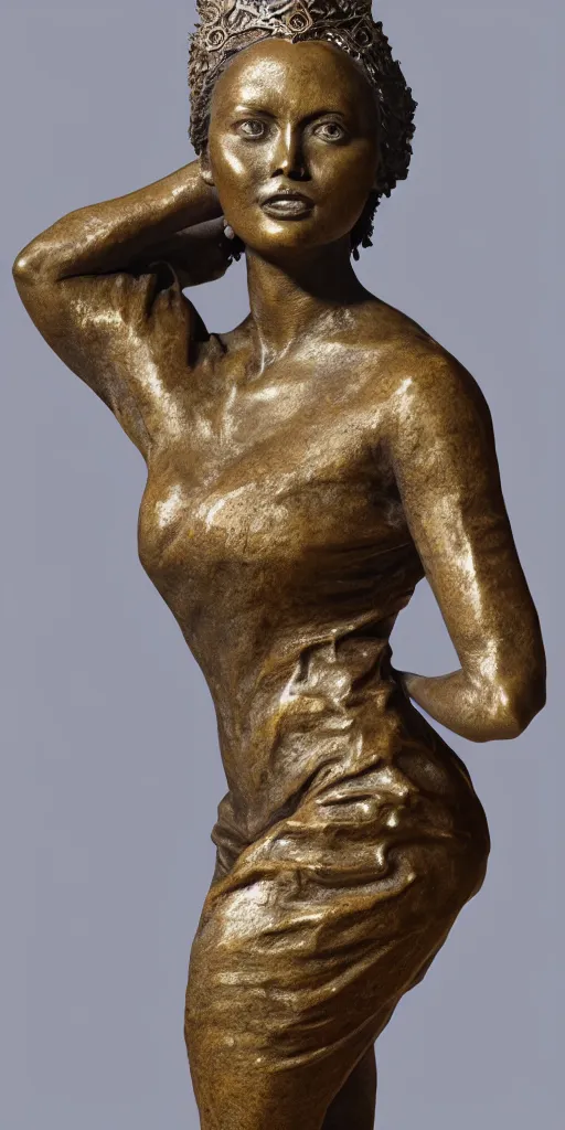 Image similar to detailed photo of an old bronze patina statue of miss universe, full body portrait, various pose, photorealism, intricate detail, museum diffuse lighting