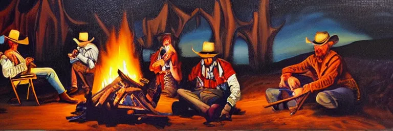 Prompt: wizards and cowboys sitting around a campfire discussing the days work, theme western sci-fi, old west oil paint on canvas