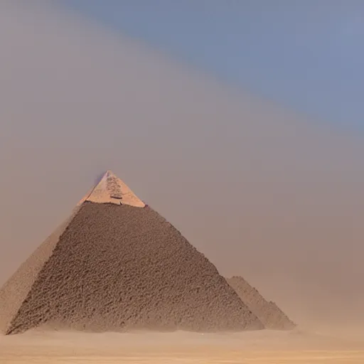 Prompt: an epic view of a giant obsidian pyramid rises out of the sand, surrounded by a sandstorm