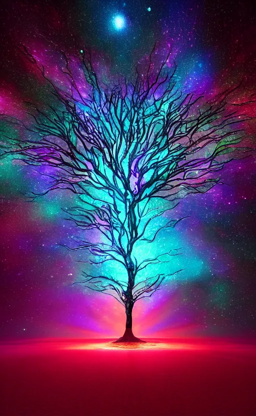 Prompt: tree of life, stars in the night sky, beautiful, vibrant color scheme, multicolored, visual contrast, light rays, ethereal beams, godly, awe inspiring, cosmic, astronomical, transcendent, fantasy, magical, volumetric lighting, epic composition, dramatic lighting, golden ratio, cinematic composition, 8k, octane render, artstation