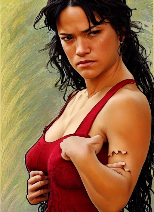 Image similar to Michelle Rodriguez as feisty latino woman, head and shoulders portrait, intricate, elegant, highly detailed, centered, digital painting, artstation, concept art, smooth, sharp focus, illustration, art by artgerm and donato giancola and alphonse mucha