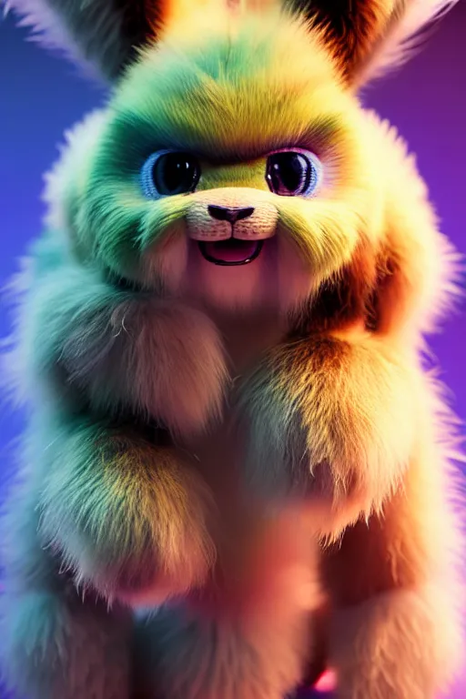 Image similar to high quality 3 d render hyperrealist very cute multicolor stripped fluffy! tarantula cat hybrid highly detailed, vray smooth, in the style of detective pikachu, hannah yata charlie immer, dramatic blue light, low angle, uhd 8 k, sharp focus