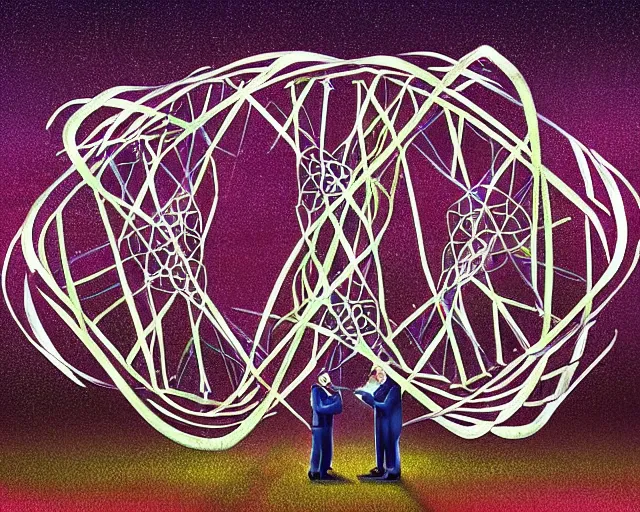 Image similar to in a field, two scientists in lab coats encounter a monster shaped like the DNA double helix, digital art