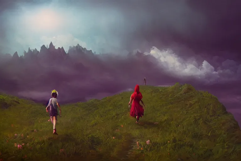 Prompt: giant dahlia flower head, girl walking on mountain, surreal photography, storm clouds, dramatic light, impressionist painting, digital painting, artstation, simon stalenhag