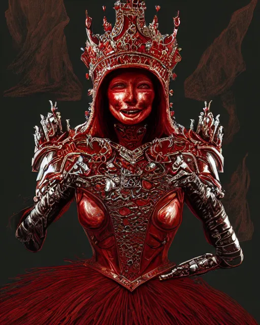 Image similar to redhead queen in heavy red armor, inside an epic gothic castle, baroque, large crown helmet, face with scars, mad grin, insane smile, intimidating, ominous, high fantasy, intricate detail, digital painting, artstation, concept art, smooth, sharp focus, illustration, art by yoshitaka amano and monia merlo and wlop