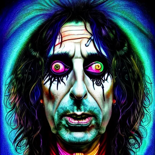 Prompt: An extremely psychedelic portrait of Alice Cooper, surreal, LSD, face, detailed, intricate, elegant, lithe, highly detailed, digital painting, artstation, concept art, smooth, sharp focus, illustration