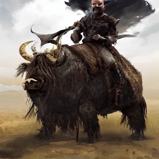 Image similar to Walter white as a dark fantasy warrior riding an armored yak, made by Greg Rutkowski