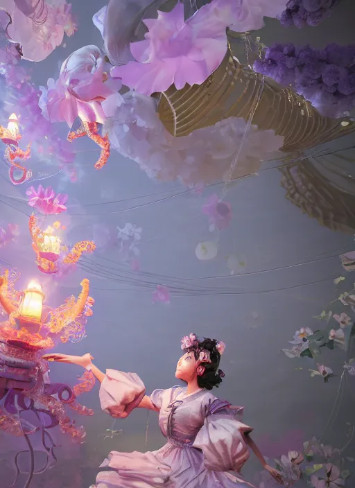 Image similar to japanese village with paper lanterns, angle view of anthropomorphic octopus woman wearing a flowing light lavendar couture dress with puffy sleeves made of paper, paper orchid flowers, heavenly light, 3 d, very detailed, octane render, trending artstation, artgem