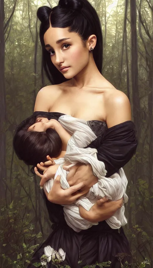 Image similar to unique cottagecore Ariana Grande holding a baby, black Hair, dark forest, intricate, elegant, highly detailed, digital painting, artstation, concept art, smooth, sharp, focus, illustration, art by artgerm and greg rutkowski and alphonse mucha