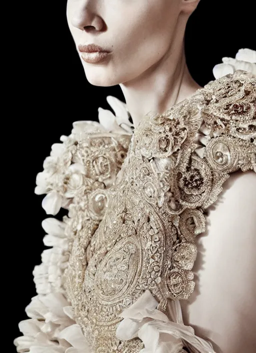 Image similar to glorious and luxurious haute couture dress on pale woman with smooth skin, alexander mcqueen, portrait, voluminous, masterpiece, intricate