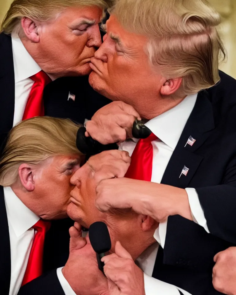 Image similar to high quality photo of a beautiful donald trump kissing donald trump. donald trump kissing donald trump. donald trump kissing donald trump. donald trump and donald trump kissing. award winning. romantic. beautiful hq. hd. brilliant. funny