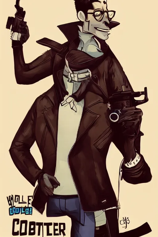 Prompt: a contract killer named cobalt who wears a brown leather jacket. art by cory loftis.