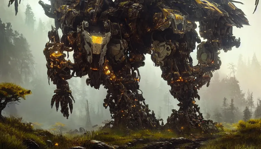 Prompt: large walking mech covered in gold and silver armor, horizon zero dawn aesthetic, covered in moss and birds, glowing lights, beautiful forests and trees, intricate detail, epic wallpaper, art by darek zabrocki and John Park and Feng Zhu and Jason Chan, trending on artstation, masterpiece.