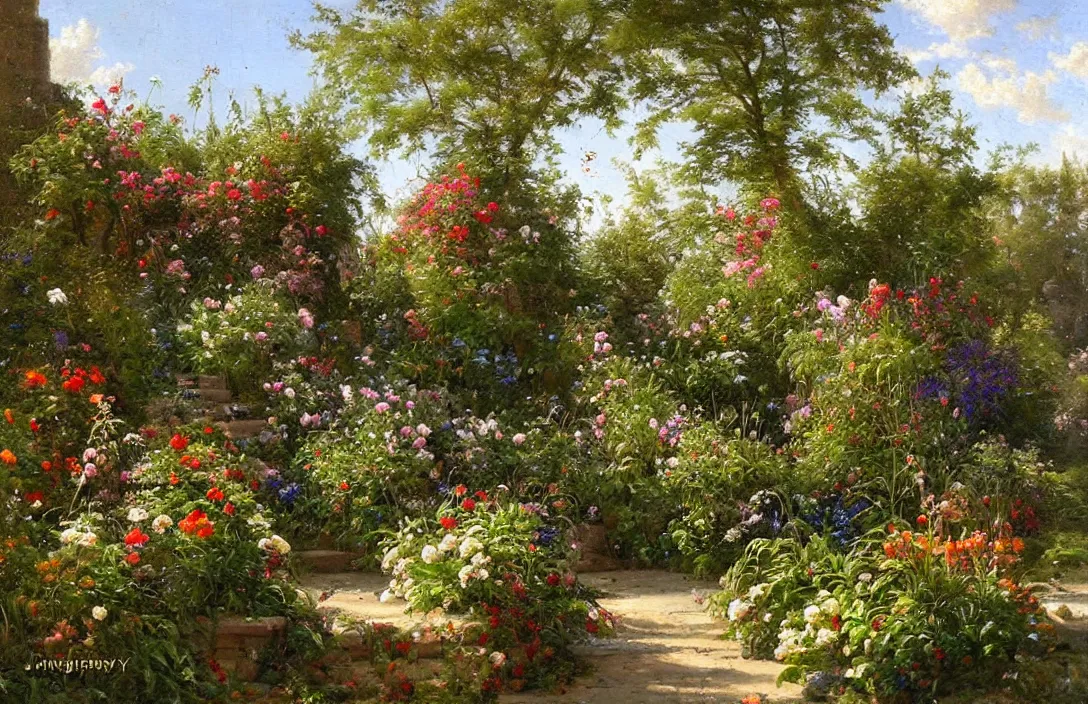 Image similar to gnarly jan van der heyden garden idyll embellishments painting by james gurney