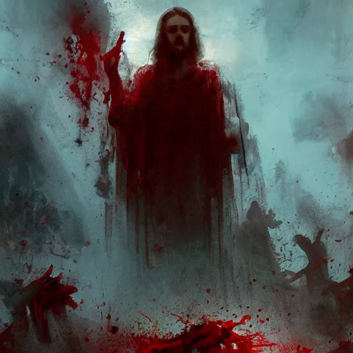 Image similar to Christ coming up from beneath blood red water, his eyes fixed toward the sky, his mouth agape, the sky is dark with god rays filtering through in the distance, a crowd looks on in silence in the far background, by Jeremy Mann, stylized, detailed, realistic, loose brush strokes