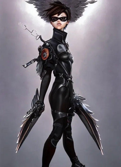 Image similar to full body artwork of tracer overwatch, wearing leather outfit, in style of zdzisław beksinski, angel wings, dramatic painting, wearing detailed steel collar, black shiny armor, chains, black harness, detailed face and eyes,