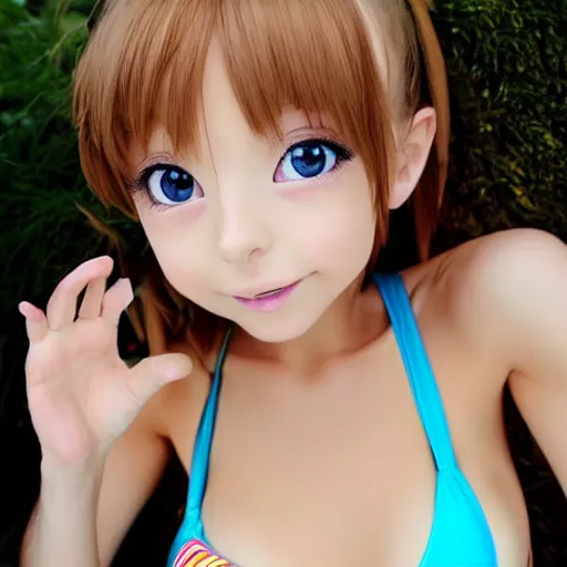 Prompt: beautiful anime girl in a tiny bikini blows a kiss