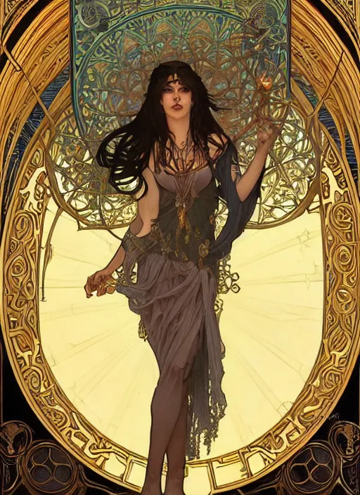 Prompt: a highly detailed symmetrical painting of a sorceress with piercing beautiful eyes, dark tomb setting, dynamic lighting, ambient lighting, deviantart, art by alphonse mucha and artgerm and karol bak and mark brooks