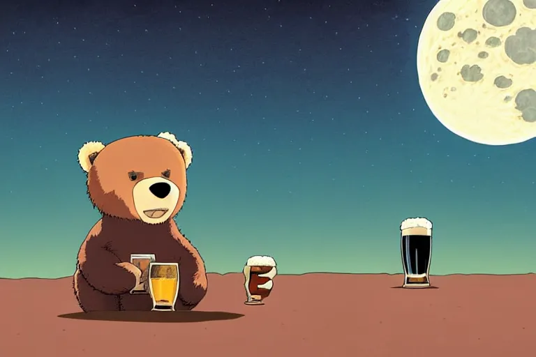 Prompt: a study of a cell shaded cartoon bear holding and drinking a beer on a desert road in front of a big moon, full body, wide shot, very muted colors, post grunge, studio ghibli, laurie greasley, highly detailed, deviantart, art by artgem