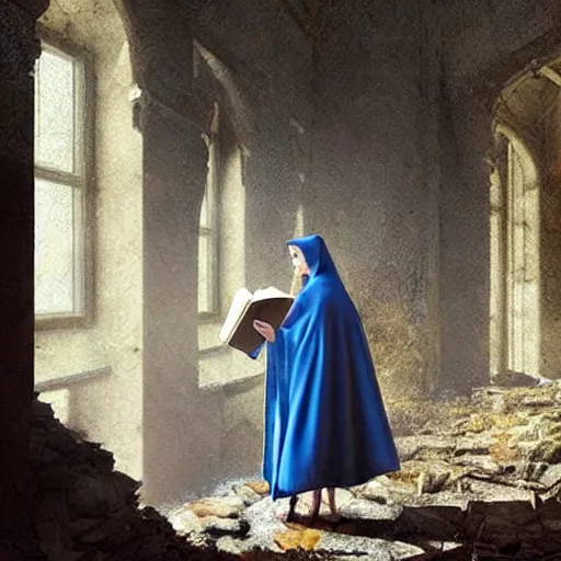 Prompt: A female wizard with brown hair wearing a blue hood and blue robe holding a book exploring an abandoned castle, art by greg rutkowski