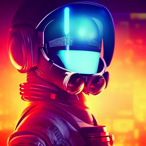 Image similar to professional photo of astronaut from front standing very close to camera from low angle shot, cyberpunk, synthwave, blade runner, hyperrealistic masterpiece, trending on artstation, cgsociety, kodakchrome, golden ratio, cinematic, composition, beautiful lighting, hyper detailed, sharp focus, octane render, 4 k, unreal engine