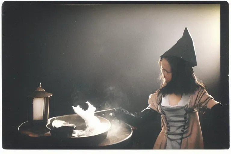 Image similar to polaroid 1 9 8 0's photo, close up portrait, dramatic lighting, concentration, calm confident teen witch and her cat mixing a spell in a cauldron, a little smoke fills the air, a witch hat and cape, a little green smoke is coming out of the cauldron, ingredients on the table, apothecary shelves in the background, still from harry potter