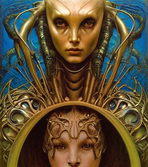 Prompt: detailed realistic beautiful young cher as alien robot as queen of mars face portrait by jean delville, gustave dore and marco mazzoni, art nouveau, symbolist, visionary, gothic, pre - raphaelite. horizontal symmetry by zdzisław beksinski, iris van herpen, raymond swanland and alphonse mucha. highly detailed, hyper - real, beautiful